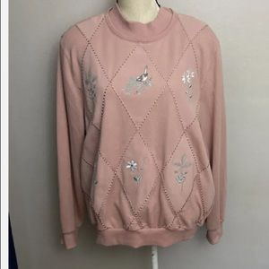 1-3 Vintage Alfred Dunner pink sweater XL embroidered bird flowers granny